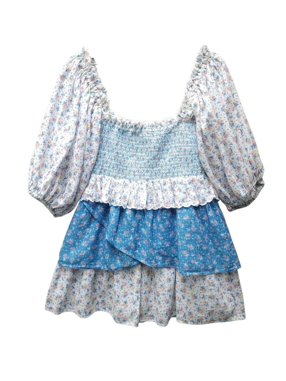 LoveShackFancy Blue and White Floral Mini Dress